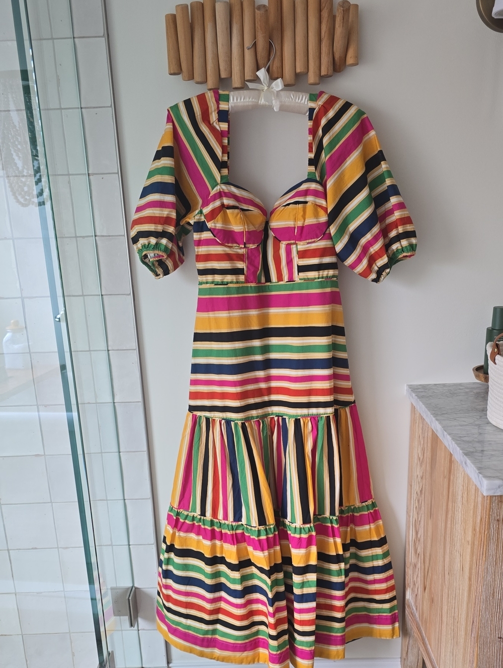 Multi-Color Striped Puff-Sleeve Midi Dress Farm Rio
